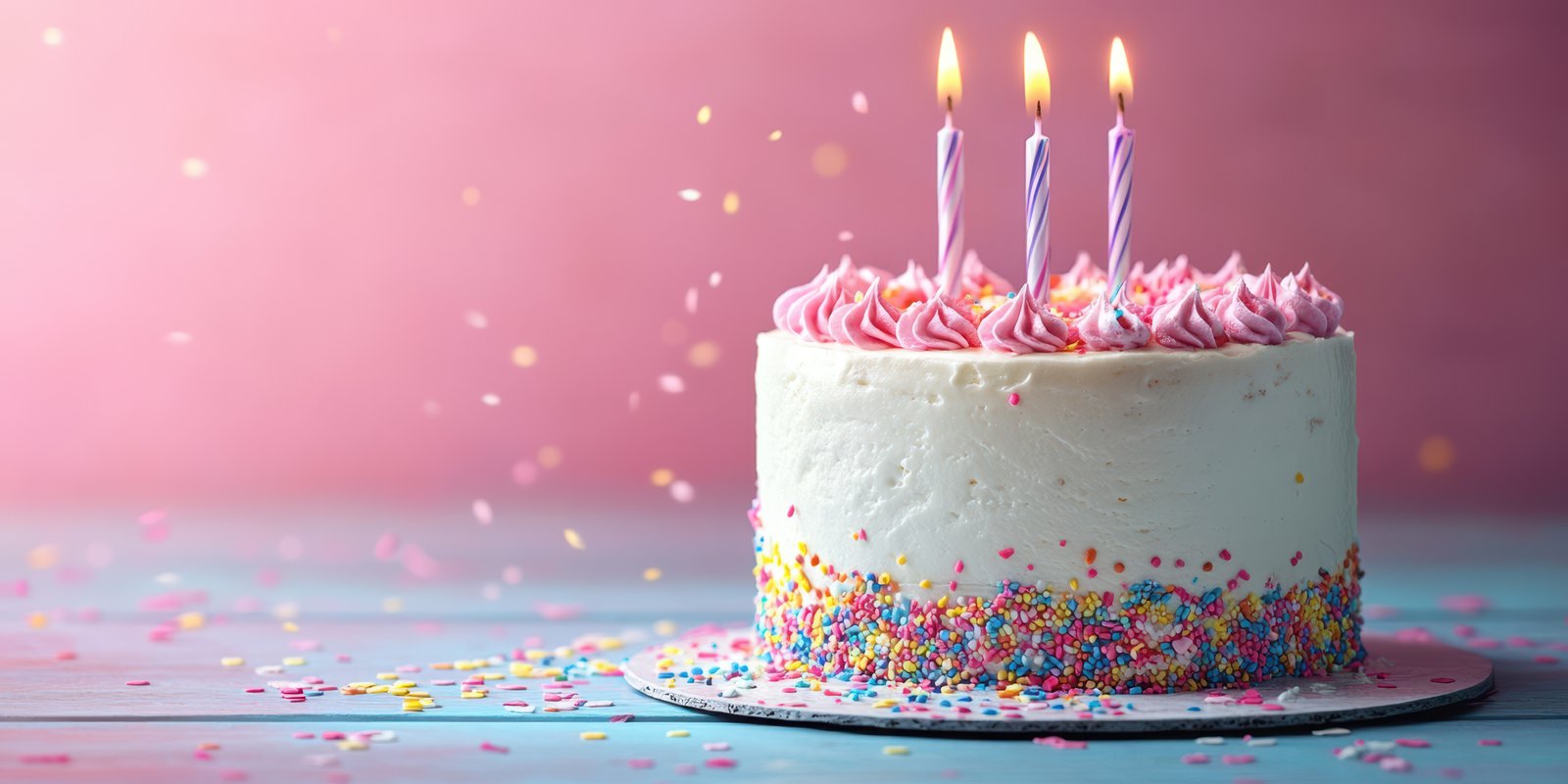 Festive birthday cake adorned with colorful sprinkles and candles during celebration on a joyful occasion